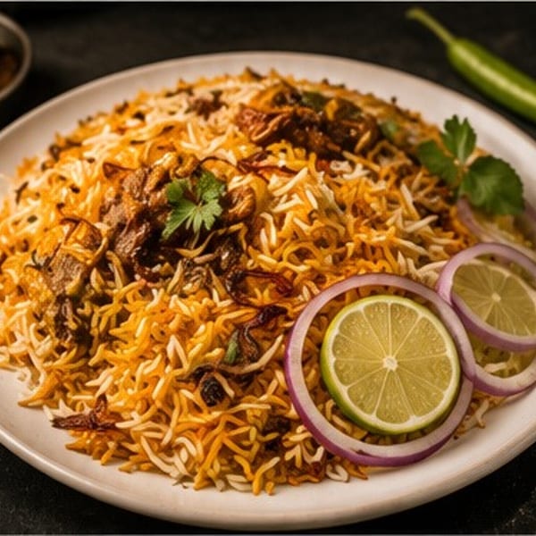 A plate of chicken biryani with rice, meat, cilantro, red onion rings, and lime slices.