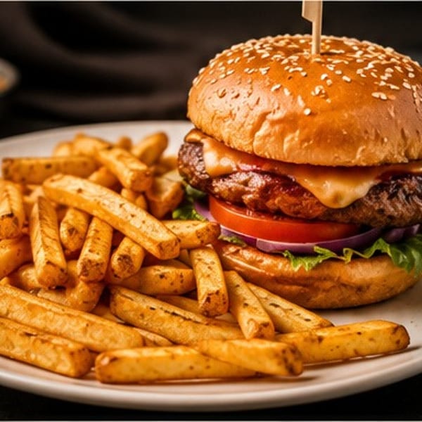 Cheeseburger with melted cheese, tomato, onion, and lettuce, served with a side of golden french fries.