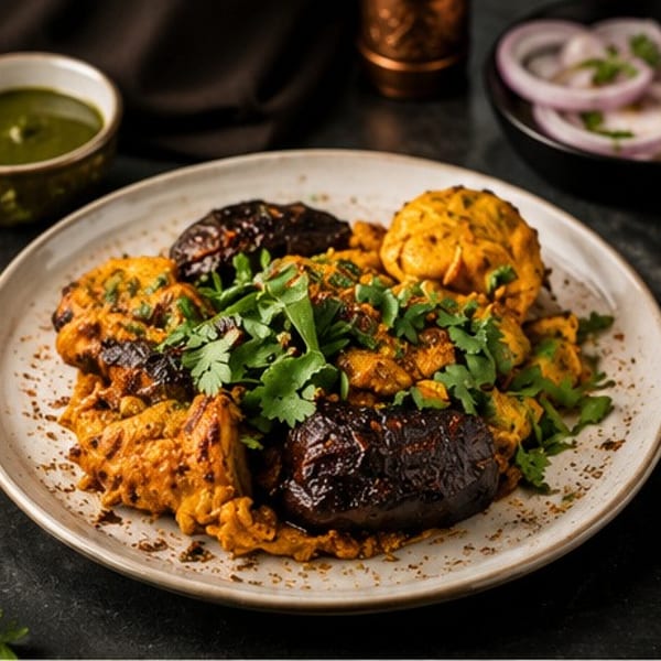 Platter of Indian chicken tikka and roasted vegetables, garnished with fresh cilantro.