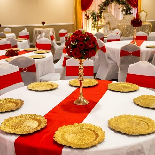 Elegant dining room with round tables, white tablecloths, red runners, gold chargers, and rose centerpieces.