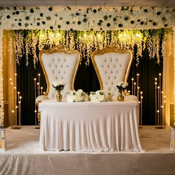 Elegant wedding reception setup with white and gold chairs, floral arch, and glowing floor lights.