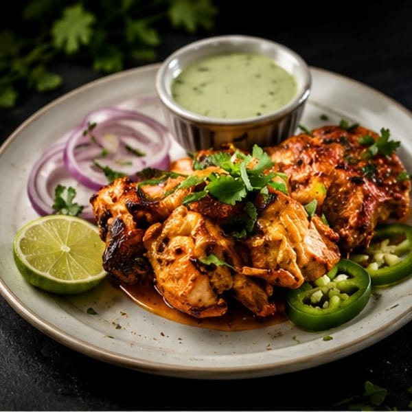 Grilled chicken tikka with cilantro, red onion, lime, jalapeños, and a green dipping sauce.