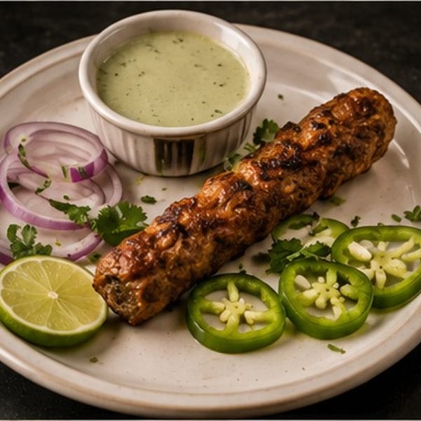 Grilled seekh kebab with green chutney, red onion, lime, and jalapeño slices on a white plate.